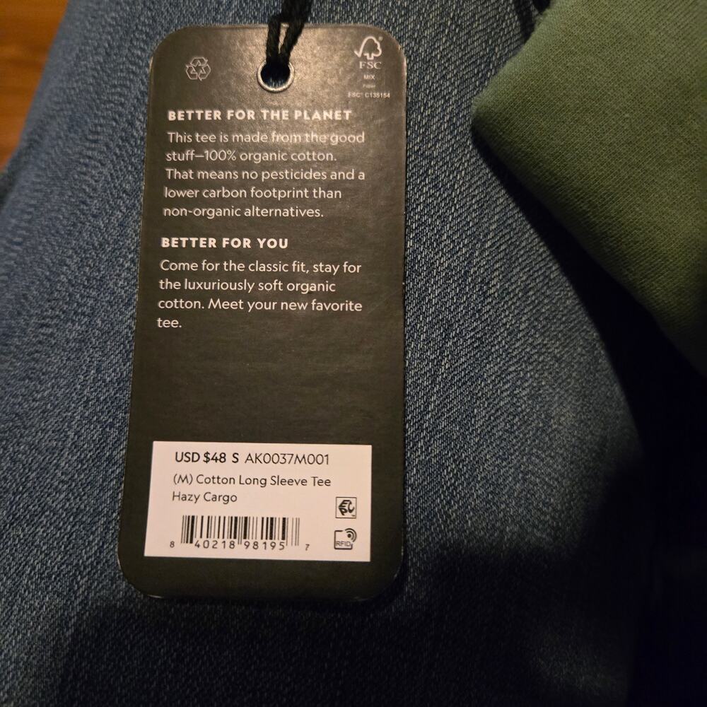 Allbirds Cotton Long Sleeve Tee Hazy Cargo Small - Picture 3 of 5
